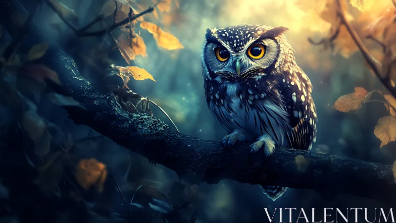 Majestic Owl on Branch in Magical Forest, Digital Art Style.