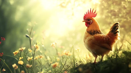 Rooster's Golden Hour Moment in the Wildflowers.