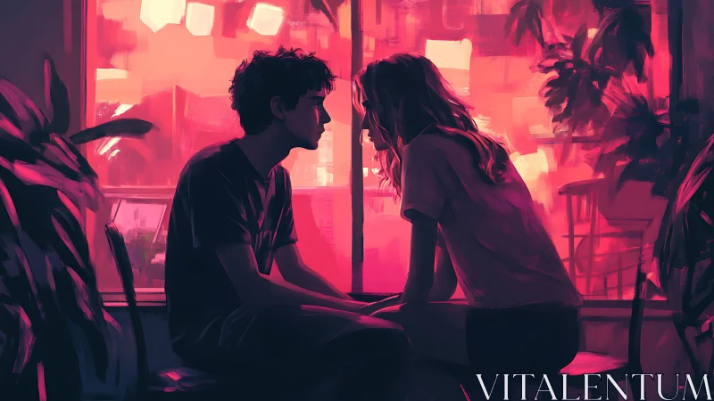 Neon Connection: Two Figures in Pink Cyberpunk Interior.