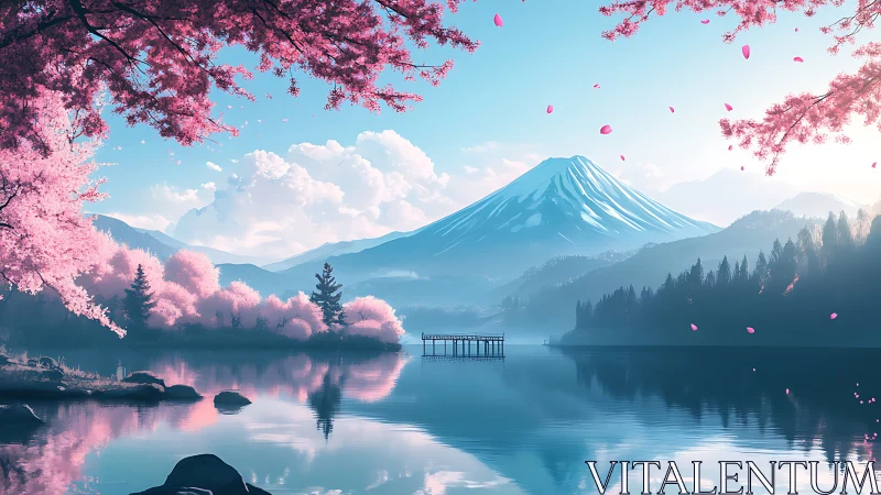 Mountain lake landscape with cherry trees and wooden pier.