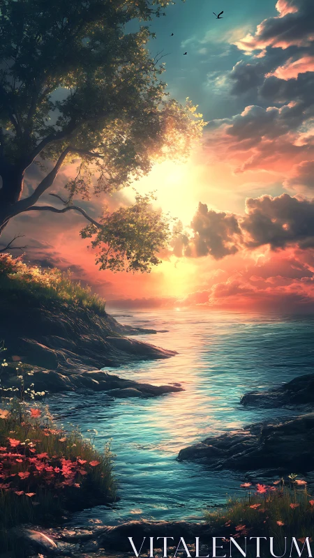 Coastal inlet reflects low sun behind clouds and foliage