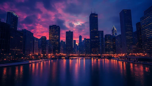 Neon-lit riverfront skyline captures high-contrast twilight gradient