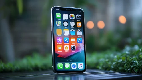 iPhone Displaying Home Screen with Application Icons and Blurred Environment.