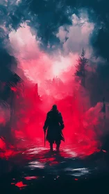 Lone cloaked warrior walks into vivid red storm of destiny