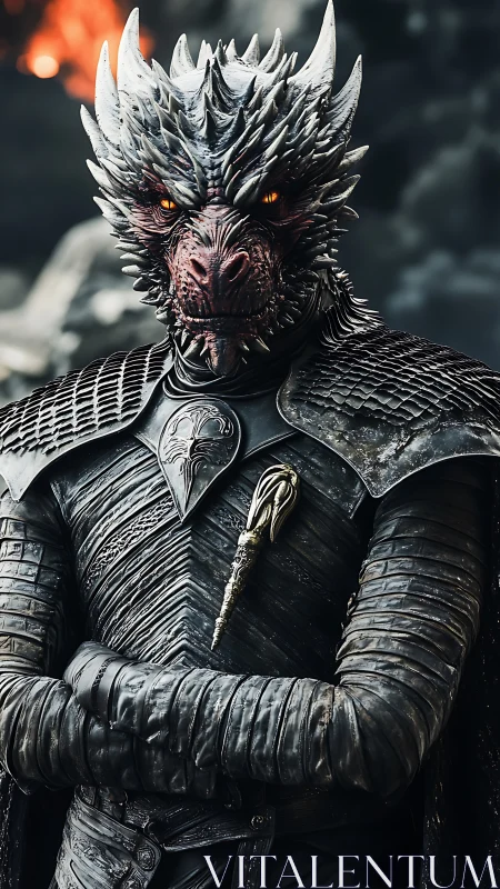 Armored dragon warrior in scorched battlefield haze.