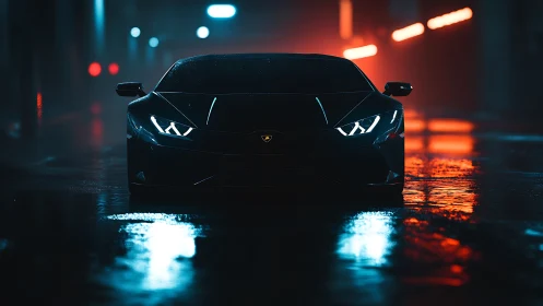 Low-angle nocturnal view shows sports car front in wet alley
