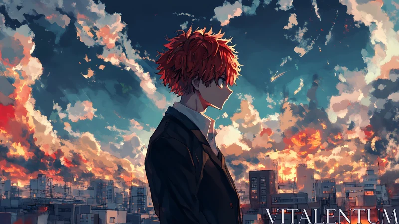 Skyline dreamer amid wildfire clouds at neon dusk.