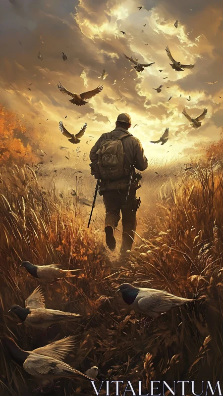 Solitary armed figure advances through autumn grassland path