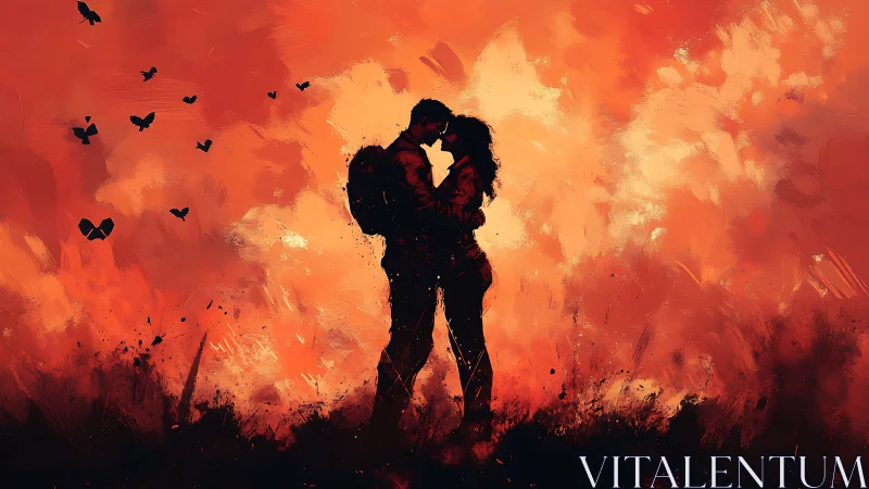 Silhouetted Lovers Embrace Against Fiery Atmospheric Backdrop.