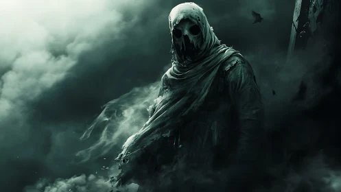 Hooded skeletal figure in dense swirling green fog field.