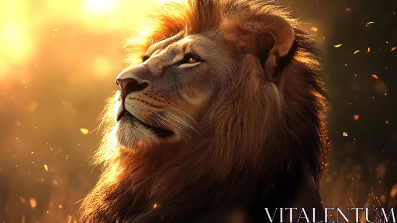 Majestic lion portrait in warm golden sunset light.
