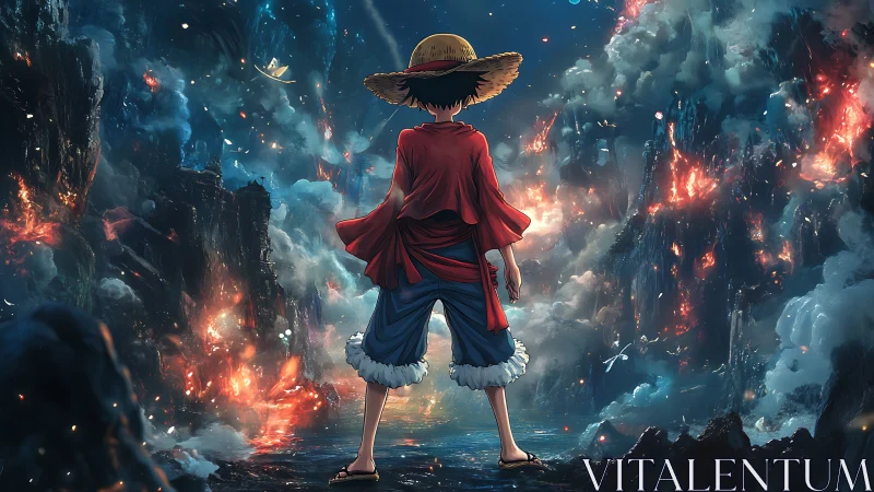 Anime figure facing erupting cliffs in vivid night seascape.