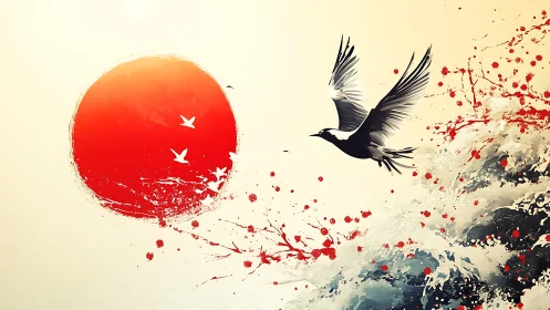 Bird silhouette crosses red sun above stylized crashing wave