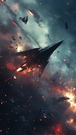 Hypersonic strike craft piercing debris‑streaked nebular battlefield.