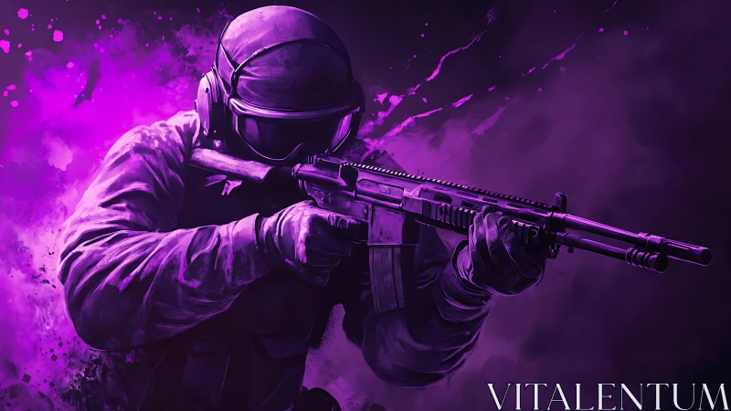 Violet combat ghost aims through neon-splashed battlefield.