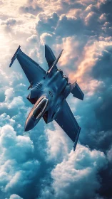 Fighter jet flies above dense cloud layer in angled climb