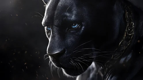 Black Panther with Piercing Blue Eyes in Shadow.