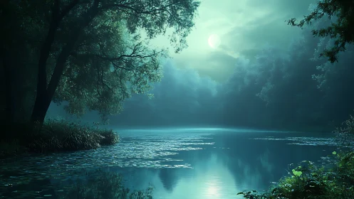 Nocturnal forest lake under diffuse moonlit atmospheric haze