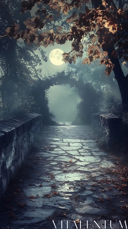 Moonlit stone path extends through foliage-framed archway