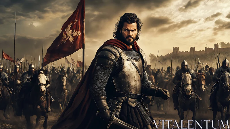 Armored warlord leads mounted medieval army toward siege lines
