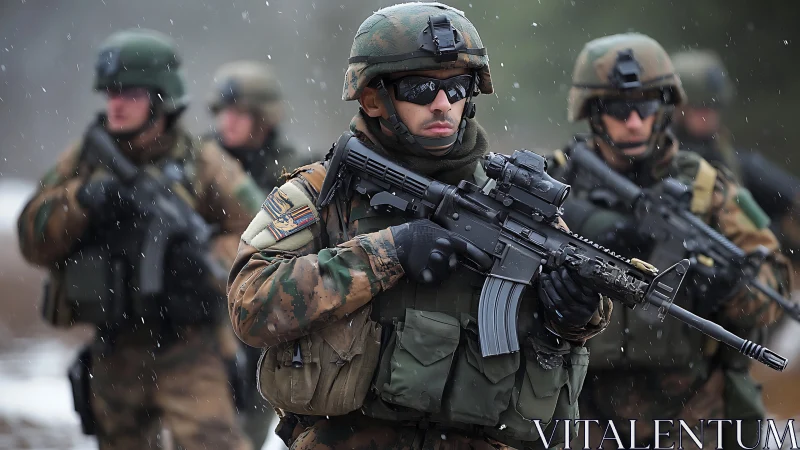 Tactical Squad Advances Through Winter Storm