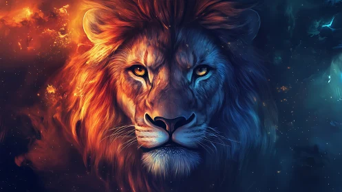 Symmetrical lion portrait with dual warm and cool tones.