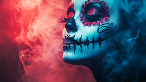 Dreamy sugar skull portrait wrapped in glowing colored mist.