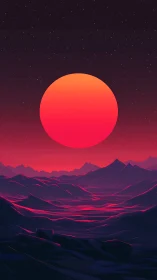 Neon magenta planetary sunset over stylized polygonal ridges.