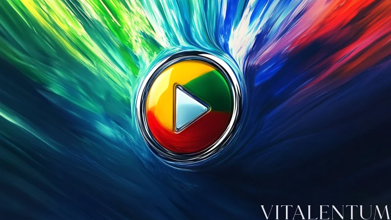 Chromatic play button icon is centered in radial motion field