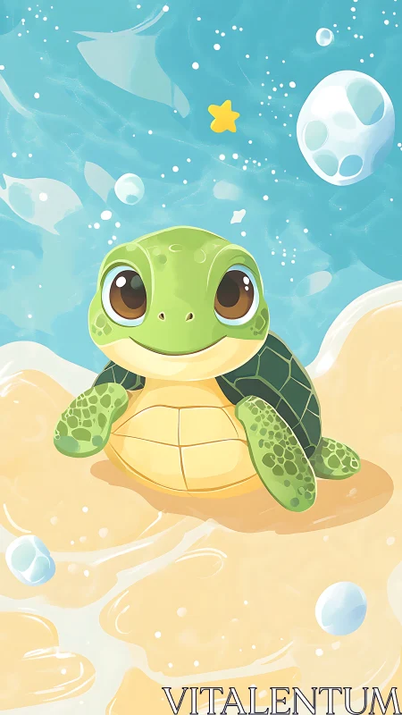Digital painting of a baby sea turtle in stylized shoreline environment.