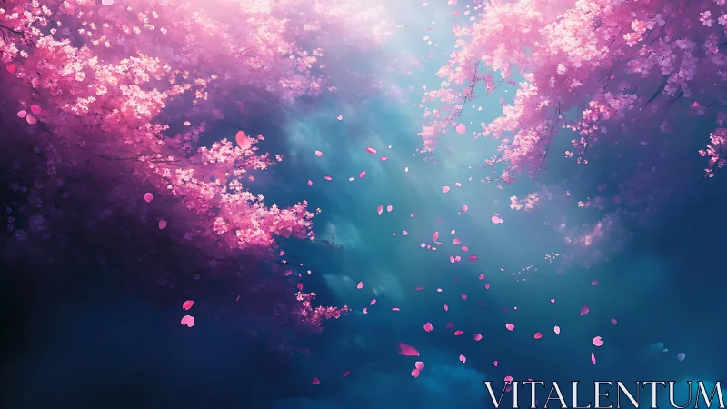 Sakura petals drift through luminous teal spring sky.