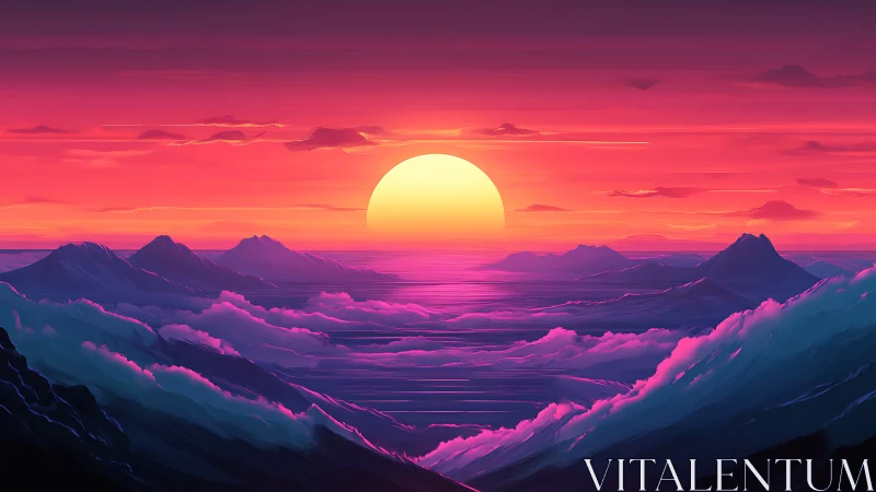 Dreamy neon sunset drifting over tranquil violet peaks.