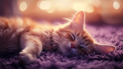 Slumbering Feline with Golden Hour Bokeh and Lavender Textile Setting
