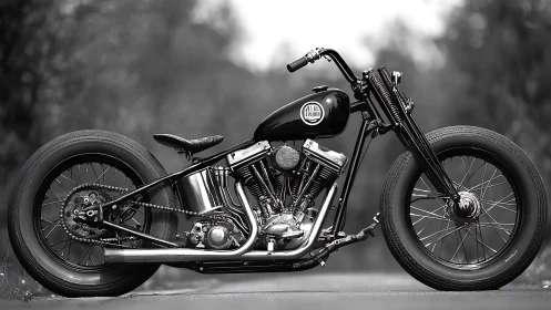Custom black bobber motorcycle with vintage hardtail frame.