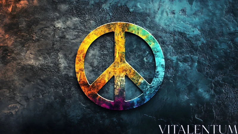 Prismatic peace emblem glowing against stormy stone wall.