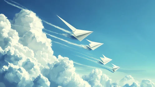 Paper jet squadron soaring over towering cloudscape sky.
