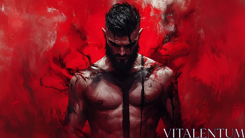 Muscular bearded man stands shirtless amid abstract red haze