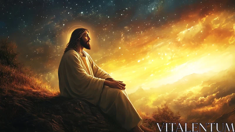 Christlike figure contemplates glowing heavens at sunrise.