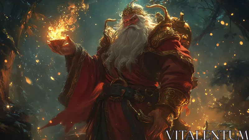 Fire-wielding forest mage in ornate crimson armor stands.