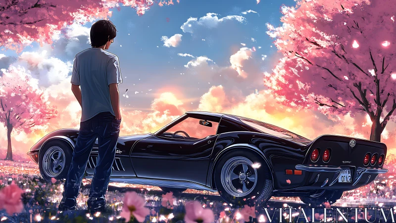 Sunset-illuminated coupe amid chromatic cherry blossom field.