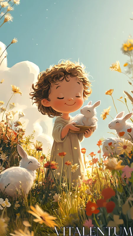 Child with white rabbits in sunlit wildflower meadow illustration