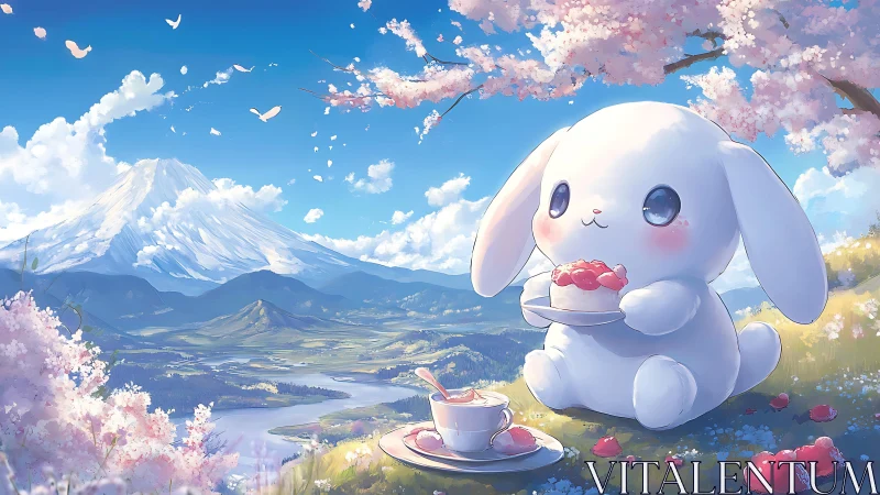 Soft-lit chibi rabbit eating cake under stylized sakura canopy