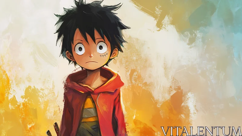 Serious anime boy in red cloak on warm painted backdrop.