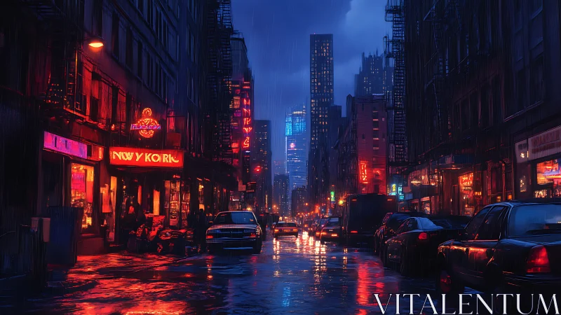 Neon-lit rainy city street glows against a dark skyline.