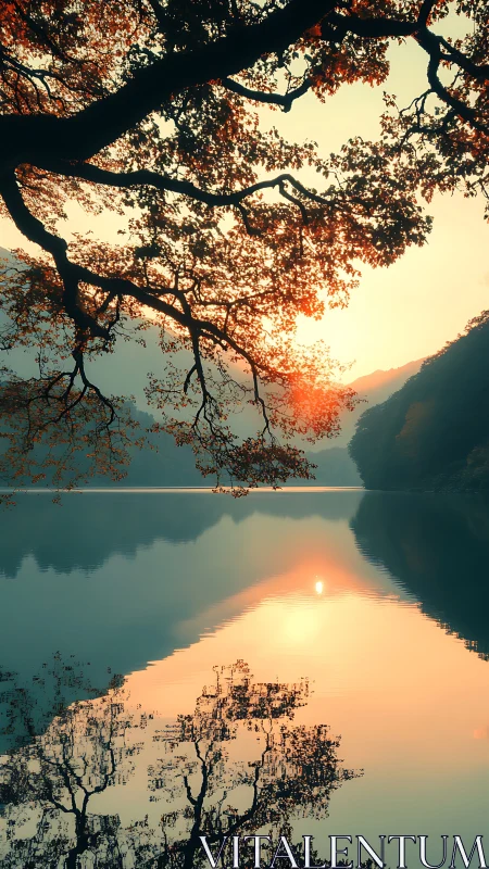 Lake sunrise mirrored beneath arching autumn branches.