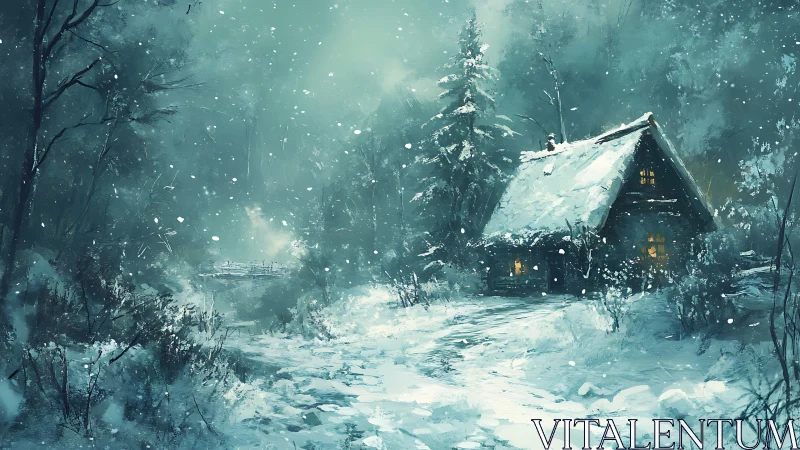 Snowbound forest cabin glows with warm inviting winter light.