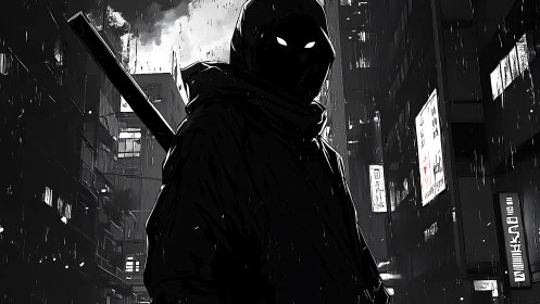 Hooded figure with sword in rain-soaked urban alleyway.