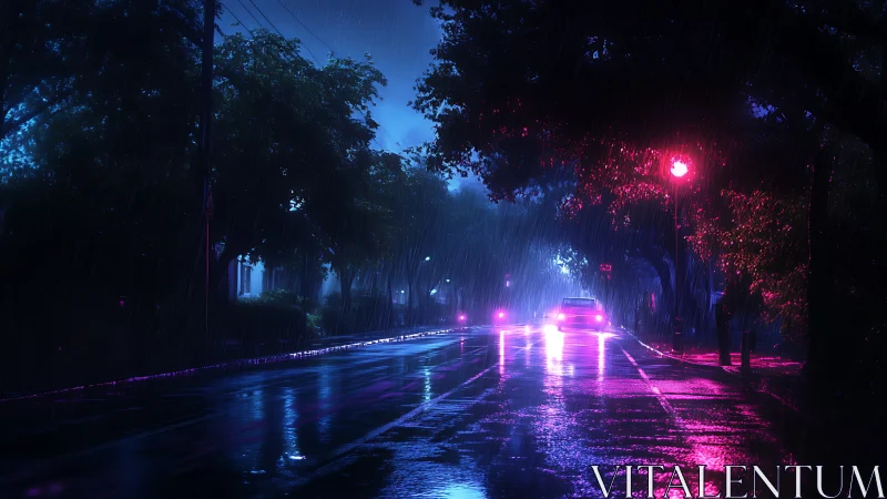 Neon car headlights on wet city street in midnight rain.