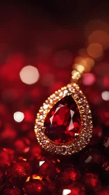 Crimson teardrop ruby pendant amid glowing bokeh jewels.