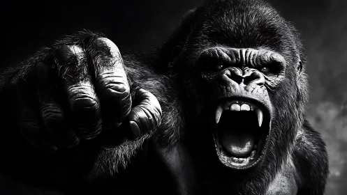 Roaring gorilla lunges forward in dramatic monochrome closeup